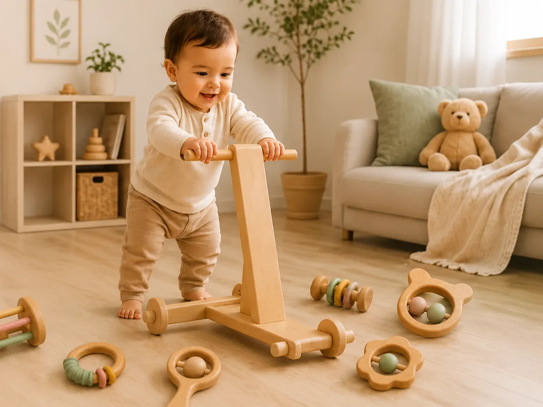 Smiling baby learning to walk with a neem-wood push walker among wooden rattles and teethers in a cosy playroom