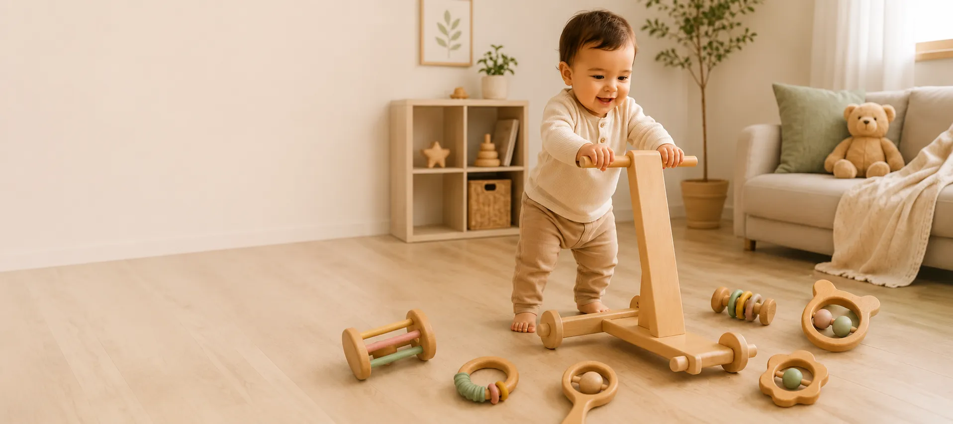 Smiling baby learning to walk with a neem-wood push walker among wooden rattles and teethers in a cosy playroom